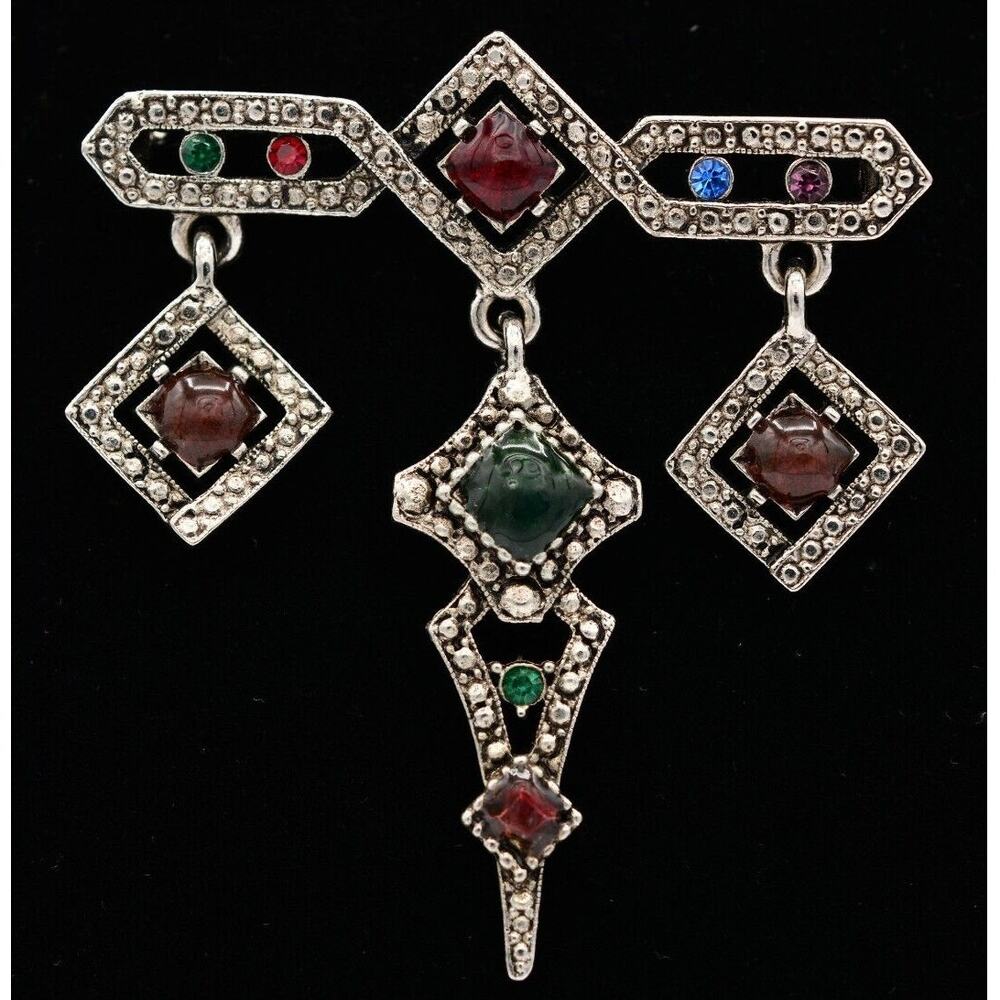 Vintage Charm Dangle Pin Brooch Bar Crystal Enamel Multi-Color NOS 1980s A19
